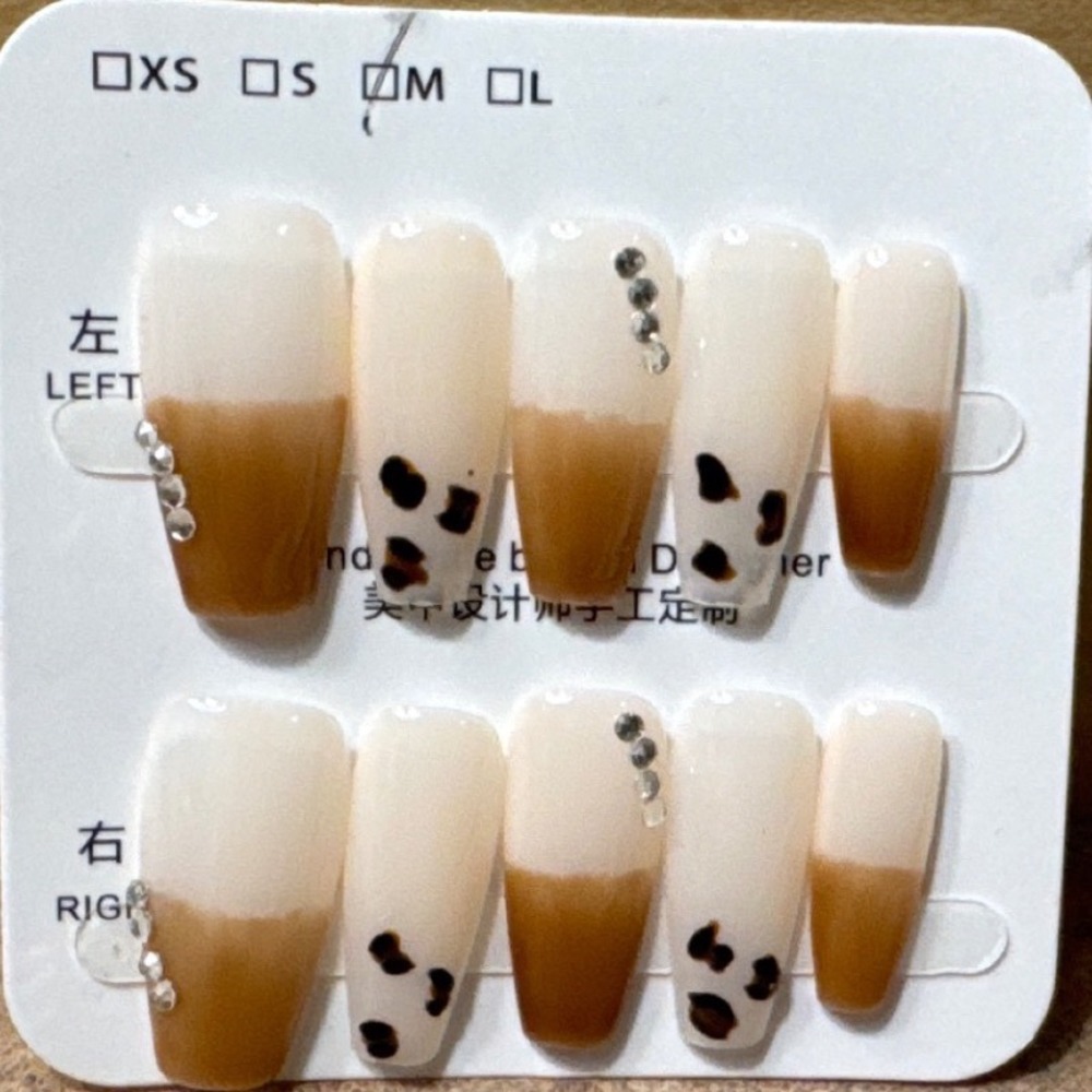 Brown Gradient Leopard‎ Print Rhinestone Press On Nails Medium Coffin M